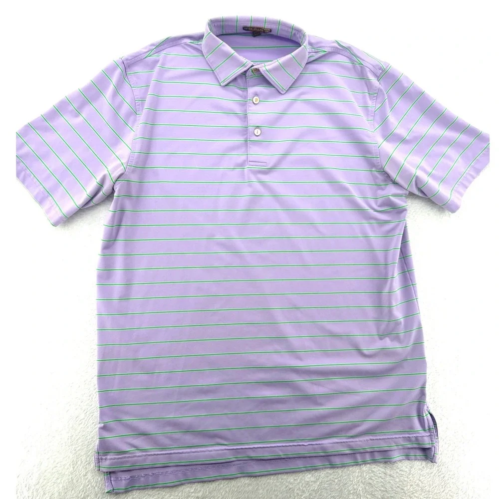 Peter Millar Golf Polo Shirt Size M Purple Green Striped Summer Comfort Short Sl